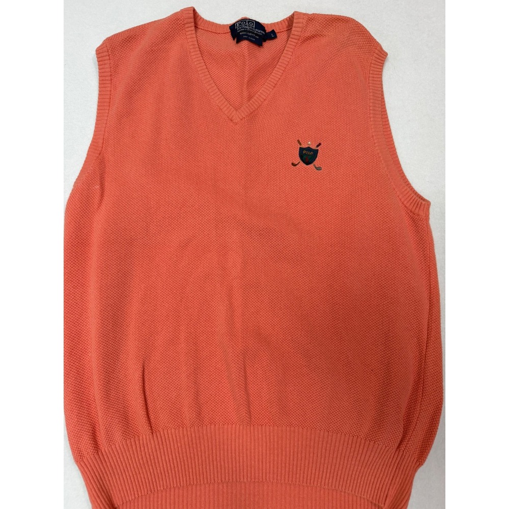 Polo Ralph Lauren Mens V-Neck Sweater Vest Coral Orange Crest Logo Cotton L
